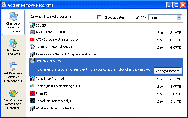NVIDIA Add/Remove Programs NVIDIA drivers